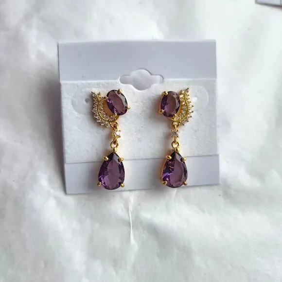Amethyst Earrings Post Back 925 Sterling Silver Gold Vermeil Dangle New Romantic - Picture 2 of 9